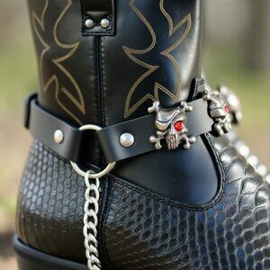 New Men Biker Boots Bracelets Chain Black Faux Leather Pair Straps Silver Skulls